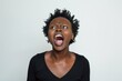 black woman is yelling on solid white background