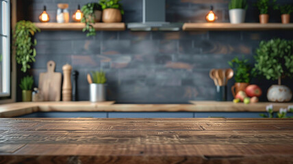Poster - A kitchen with a wooden countertop and a brick wall. There are potted plants on the counter and a few apples on the counter