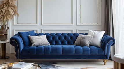 Poster - A blue couch with pillows and a vase on a table. The couch is the main focus of the image and it gives off a luxurious and comfortable vibe