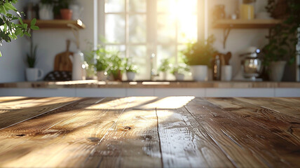 Poster - A kitchen with a wooden table and a window. The table is empty and the window is letting in sunlight