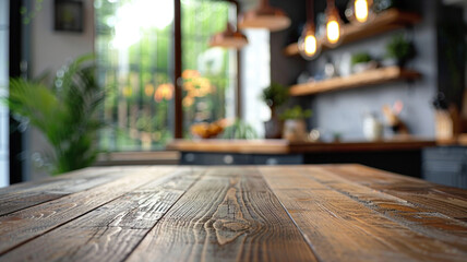 Poster - A kitchen with a wooden table and a potted plant. The table is empty and the kitchen is well lit
