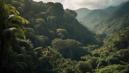 tropical forest in the jungle, tropical jungle with tropical green trees, green tropical landscape