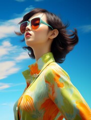 Wall Mural - Woman Wearing Sunglasses Against Blue Sky