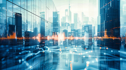 Wall Mural - Double Exposure Concept of Business and Technology, City Skyline with Digital Network and Financial Data Analysis