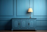 Fototapeta Mapy - Blue painted wooden cabinet near the paneled wall, classic.