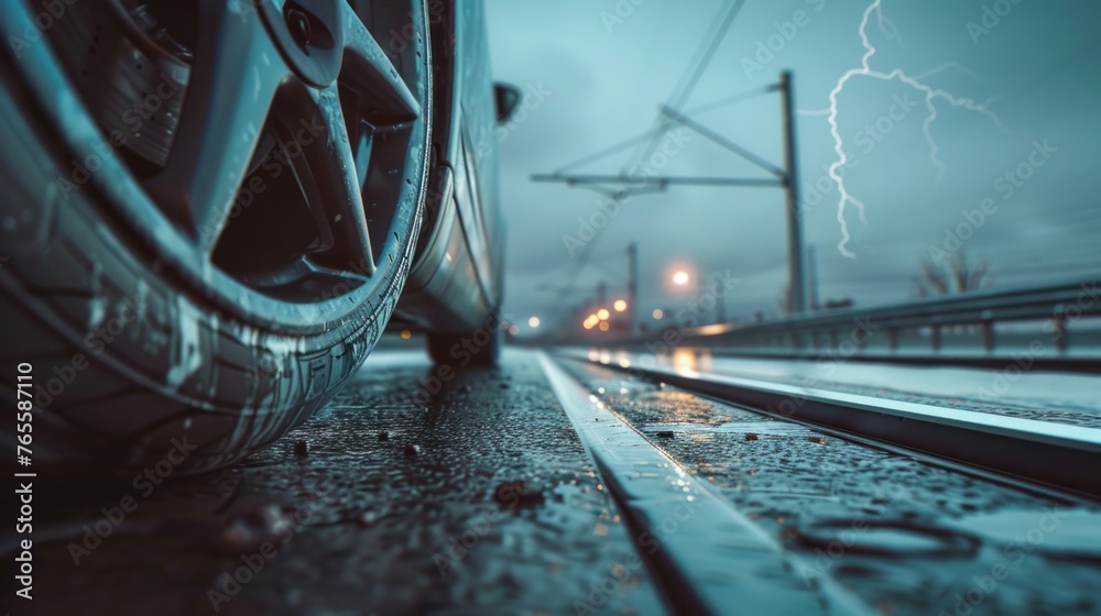 Car driving along the asphalt road. At the back is a light rail. The ...