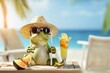 Funny frog wearing summer hat and stylish sunglasses,