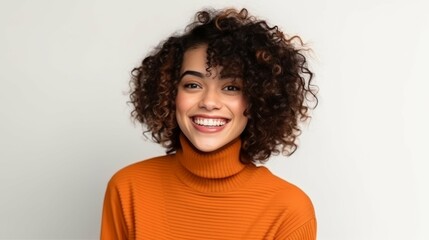 Canvas Print - Woman With Curly Hair in Orange Turtleneck Sweater