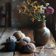 woolen yarn balls on a rustic wooden table with dryed flowers in a vase
