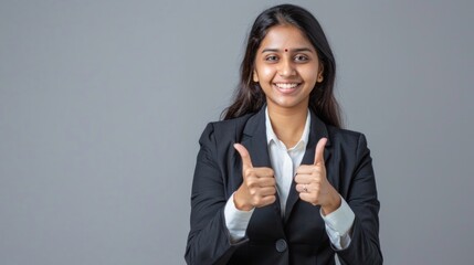 Wall Mural - Happy young indian business lady satisfied customer teacher showing thumbs up like hand