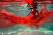Aqua Dream: The Ethereal Underwater Dance,  woman's silhouette in a flowing red dress underwater, her movement creating an ethereal blend of fabric and liquid in a dance-like motion