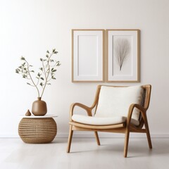 Wall Mural - interior design Rattan chairs near a wooden coffee table against a white wall with a blank poster frame.