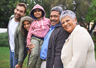 Poster - Portrait, happy and big family together in nature at garden for bonding, relationship or love at backyard. Face, park and child with parents, grandparents and mother with interracial father outdoor