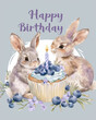 Happy first birthday. Two bunnies are hugging the delicious cupcake with blueberries and one candle, soft pastel colors. Vintage greeting card illustration for a boy or a girl