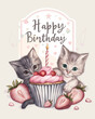 Happy first birthday. Two kittens are hugging the delicious cupcake with strawberries and one candle, soft pastel colors. Vintage greeting card illustration