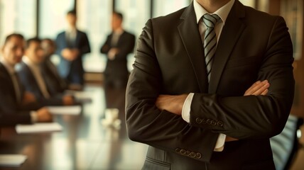 Wall Mural - Businessman standing in office conference meeting room, long table with business employees and managers discussion on background.