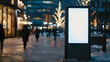 billboard poster prominently displayed on a bustling urban street, winter evening, christmas lights, walking peoples