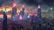 Futuristic City Skyline with Glowing Lights at Dusk