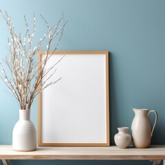 Wall Mural - Wooden side table, vase, poster mockup, empty frame with copy space against blue wall.