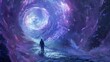 Man Facing Cosmic Portal in Mystical Universe Illustration
