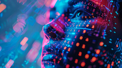 Abstract concept of digital beautiful human face standing out from printed circuit board. Fusion of man and modern artificial intelligence technologies. In blue tones, LED backlight, binary code.