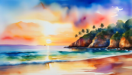 Wall Mural - A painting of vibrant blue and green waves crashing against rocky mountains in the distance