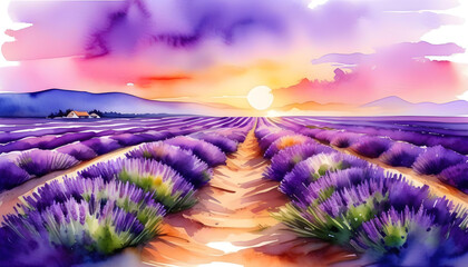 Wall Mural - A watercolor painting of a sunset over a lavender field with a beach in the background