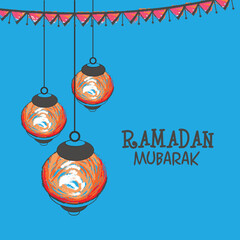 Sticker - Illuminated hanging lanterns on blue background for Islamic holy month of prayers, Ramadan Mubarak celebrations.