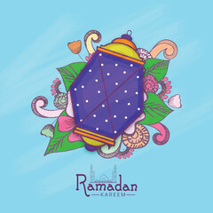 Sticker - Colorful creative Arabic lamp or lantern on floral design for holy month of Muslim community, Ramadan Kareem celebration.