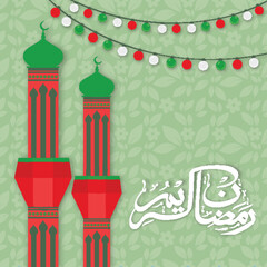 Sticker - Shiny mosque with Arabic Islamic calligraphy of text Ramadan Kareem on small lights decorated floral seamless background for Islamic holy month of prayers, celebration.