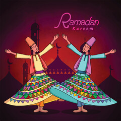 Sticker - Holy month of muslim community, Ramadan Kareem celebration with illustration of dervish on islamic mosque night background.