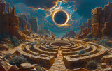 Solar eclipse casting shadow over an ancient stone labyrinth, celestial event, mystical journey,  unique hyper-realistic illustrations