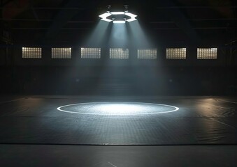 spotlit wrestling mat in an empty arena. generative ai