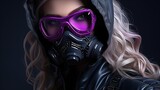 Fototapeta Sport - Fashion cyberpunk girl in leather hoodie jacket wears gas mask with protective glasses	