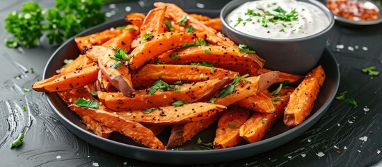 Poster - A bowl filled with crispy sweet potato fries served with a side of creamy ranch dressing.