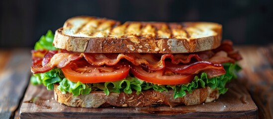 Wall Mural - A close-up view of a delicious bacon, lettuce, and tomato sandwich assembled on a wooden cutting board.