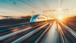 High-speed train blurring by, with motion blur signaling swift travel at dusk.