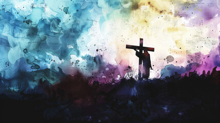 Wall Mural - Easter crucifixion scene with silhouettes of the cross of Jesus Christ. Watercolor. Dark colours. Generative AI