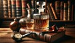 A close-up image of a whiskey decanter and glass set on an old leather-bound book, creating a scene reminiscent of a classic gentleman's study.
