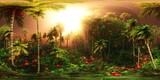 Fototapeta Zachód słońca - Jungle in the morning, HDRI, environment map , Round panorama, spherical panorama, equidistant projection, panorama 360, 3d rendering