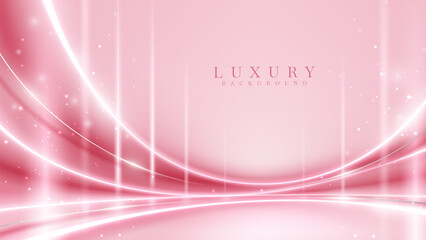 Wall Mural - Luxury stage background featuring soft pink hues, radiant light lines, and sparkling effects that create a dreamy and romantic atmosphere.