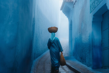 Sticker - A Moroccan woman in typical Moroccan dress, caring bread basket on her head and walking down the blue-white streets in Chefchaouen - the blue city Morocco - amazing palette of blue and white buildings