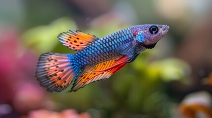  A close-up of a blue and orange fish in a tank surrounded by flowers in the background and a clear, focused image