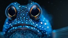  A Close-up Photograph Captures The Face Of A Blue Fish, Featuring Enlarged, Spherical Yellow And Blue Eye Spots