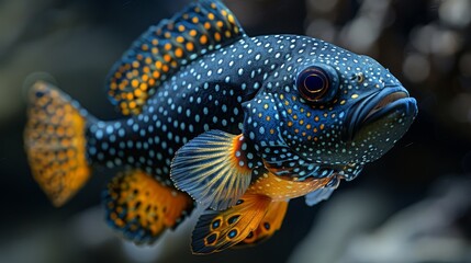  A blue and yellow fish with spots on its body is shown in sharp focus, while the background remains blurry