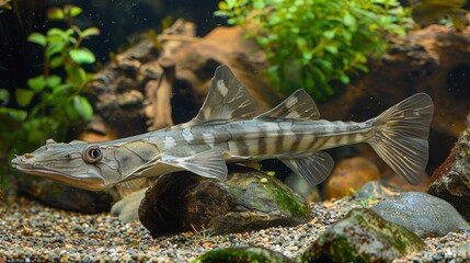  A fish atop a rock, beside a cluster of stones and a lush aquatic plant