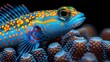  A detailed image of a bright blue and yellow fish swimming amongst diverse corals against a dark backdrop
