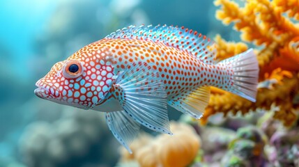  Blue-white fish close-up on coral amidst other corals and seaweed