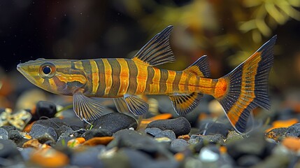  A yellow-and-black striped fish perches atop a pile of black and orange stones beside a body of water