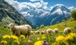 A herd of sheep grazes on green wild meadow  surrounded by mountains